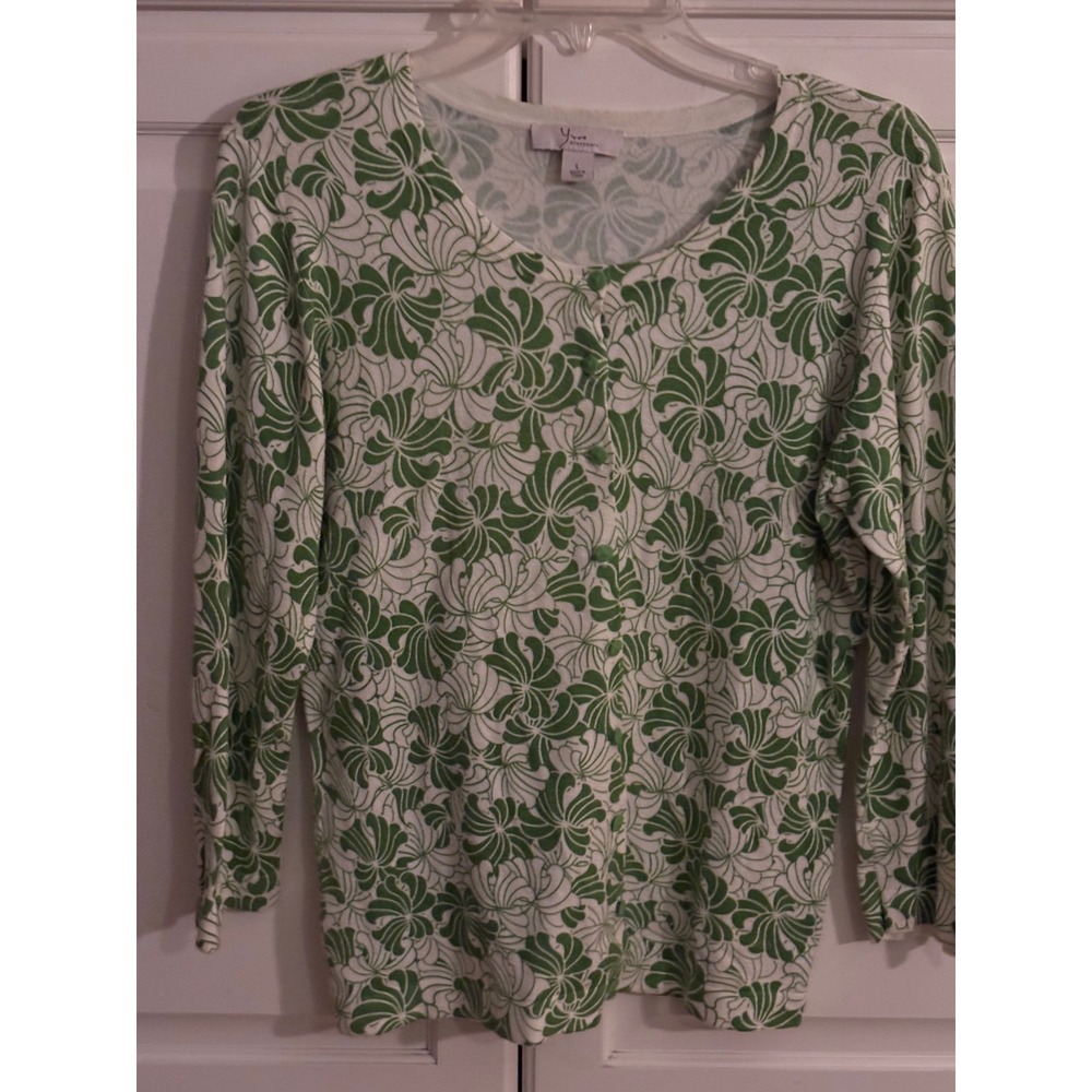 Yves Dressbarn Womens‎ Green White Floral Cardigan Sweater Size L Button Front